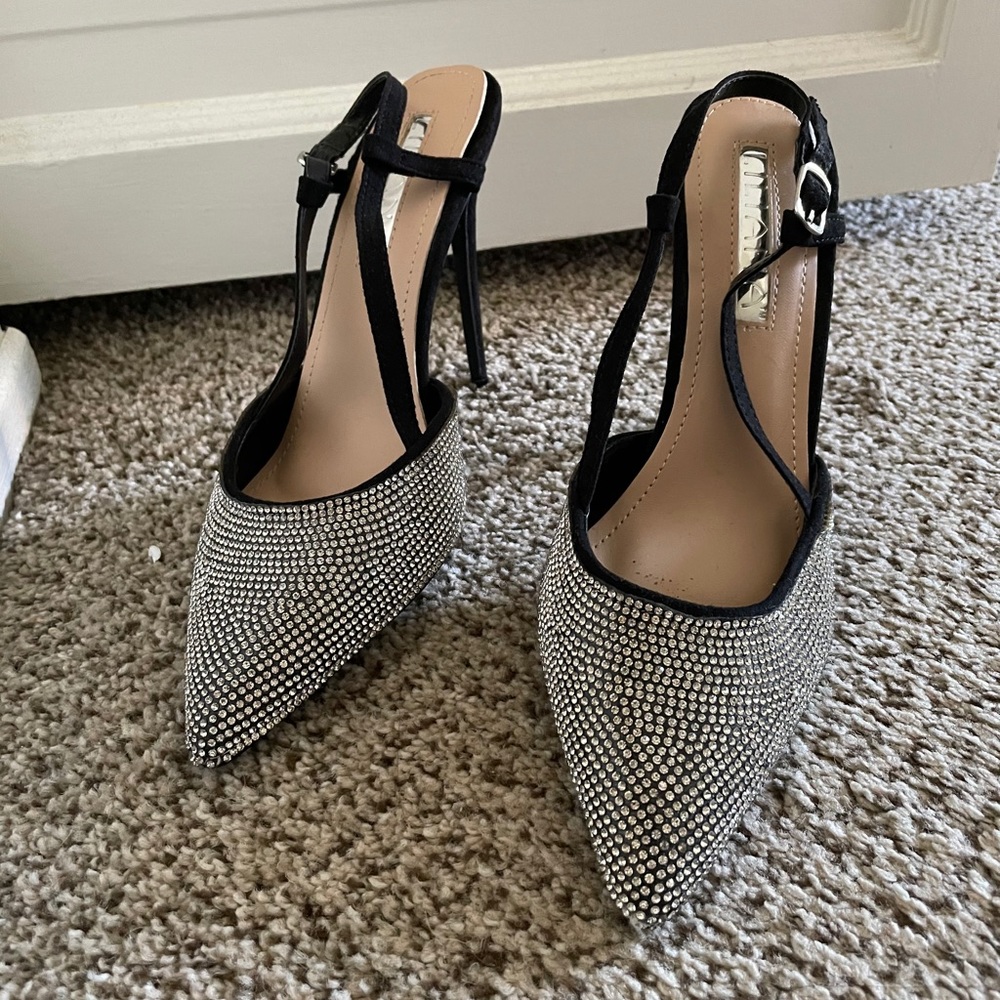 Black Stiletto sling back heels with silver sequin